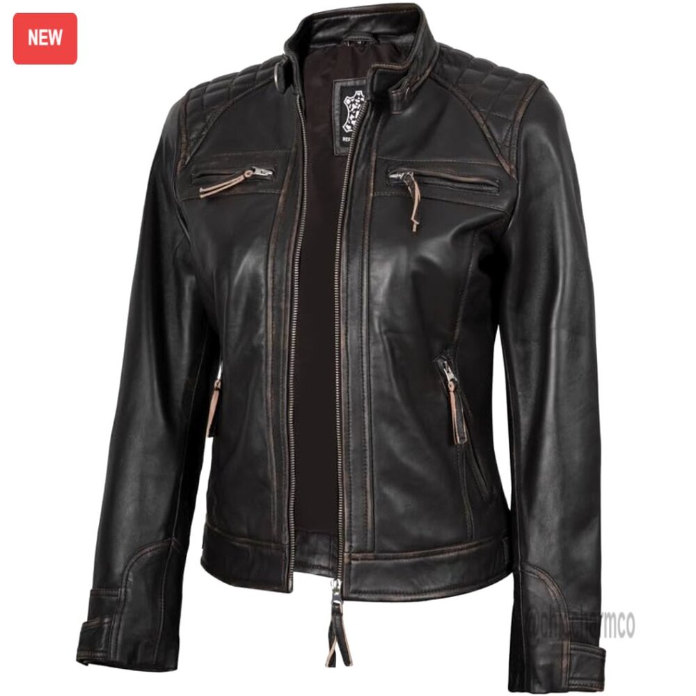 Quilted Cafe Racer Lambskin Leather Jacket Women's Size M